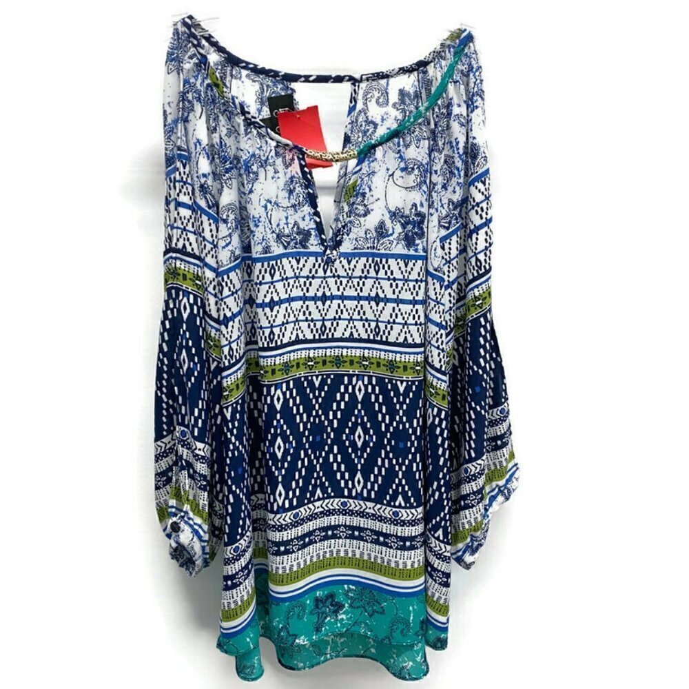 By & By Blue & White Floral Cold Shoulder Blouse